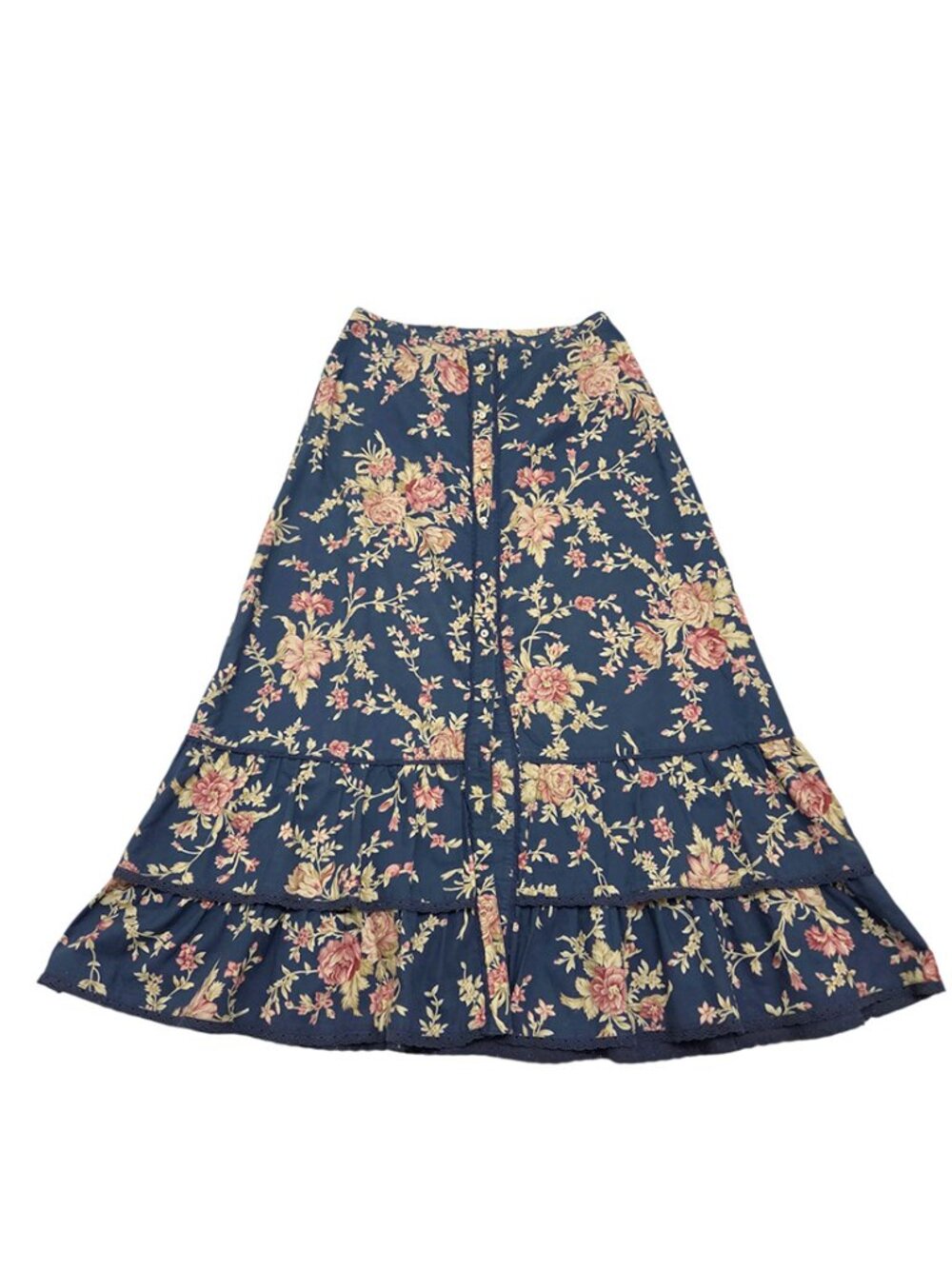 Lauren Ralph Lauren Vintage Floral Button Front Maxi Skirt 8 Ruffle Cottagecore